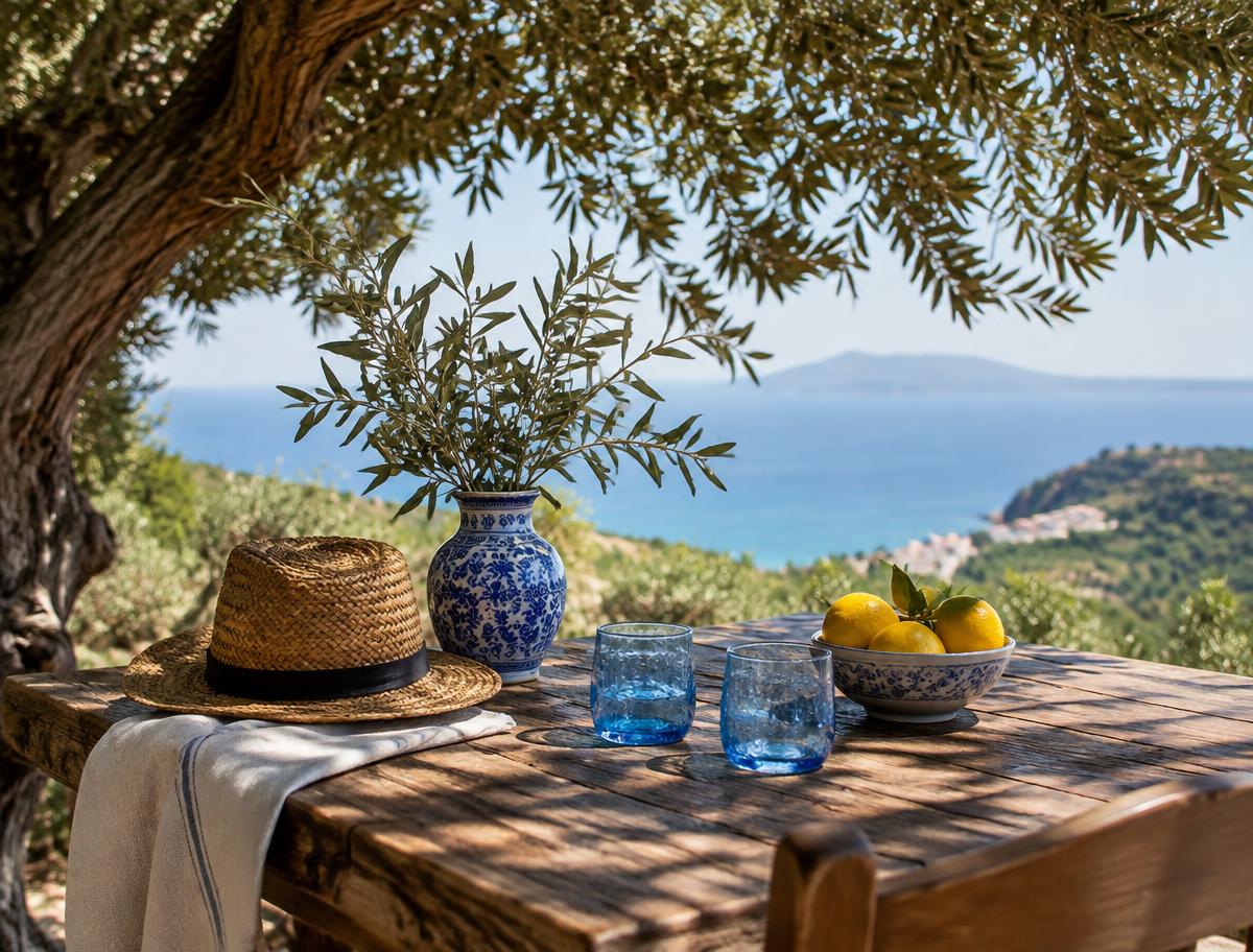 Mesa de madeira sob uma oliveira com vista para o mar